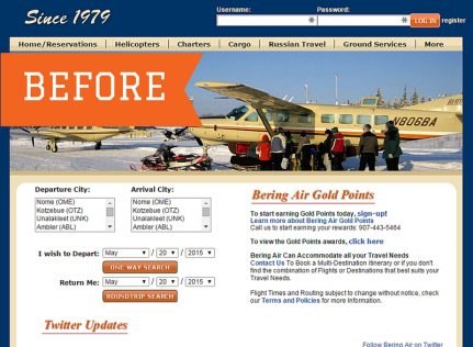Bering Air's old website before the redesign of Fingerprint Marketing.